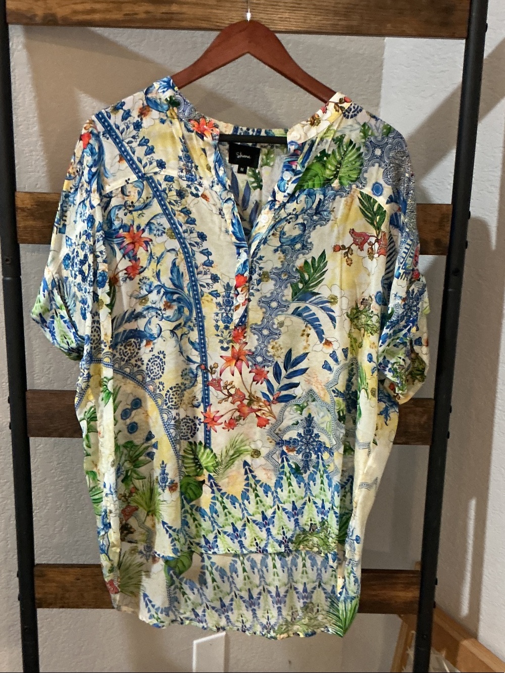 Sabina Floral Print Short-Sleeve Button-Down Shirt - Multicolor Blue/Green